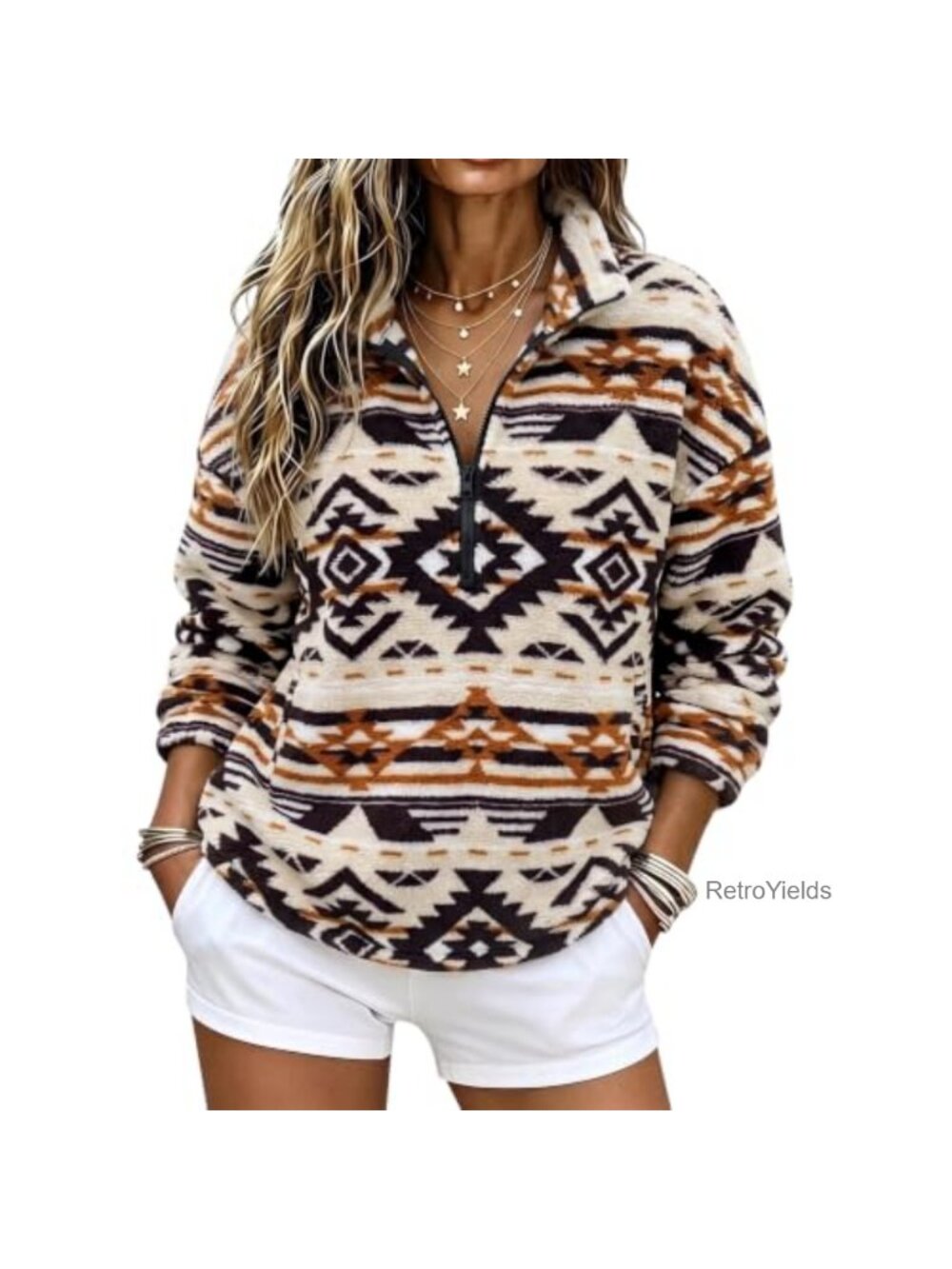 Women Western Aztec Print Half Zip Pullover Fleece Warm Sweatshirt
